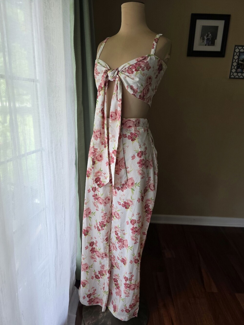 Pink Floral Two Piece Matching Set Crop Top Wide Leg Pants Coquette Y2K‎ S/M